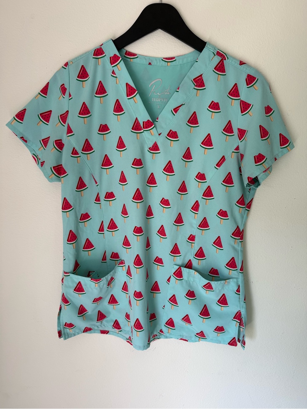 Prints by Maevn Watermelon Popsicle V-Neck Medical Scrub Top Small